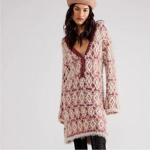 Free People Fuzzy Feelings Sweater Dress - Marsala Combo SZXL